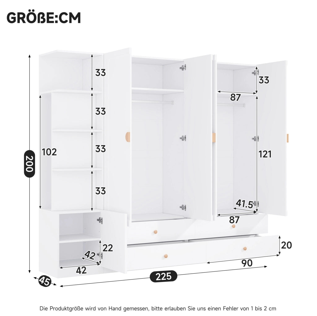 Ampio armadio bianco con 3 tubi appendiabiti, 4 cassetti e design multifunzionale, 200 x 225 x 45 cm