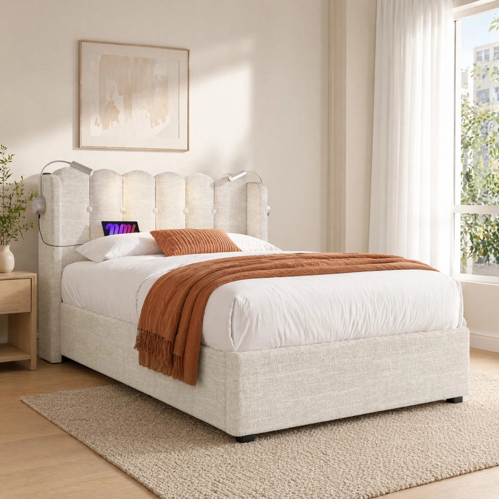 Letto singolo imbottito 90x200 cm con LED USB e contenitore