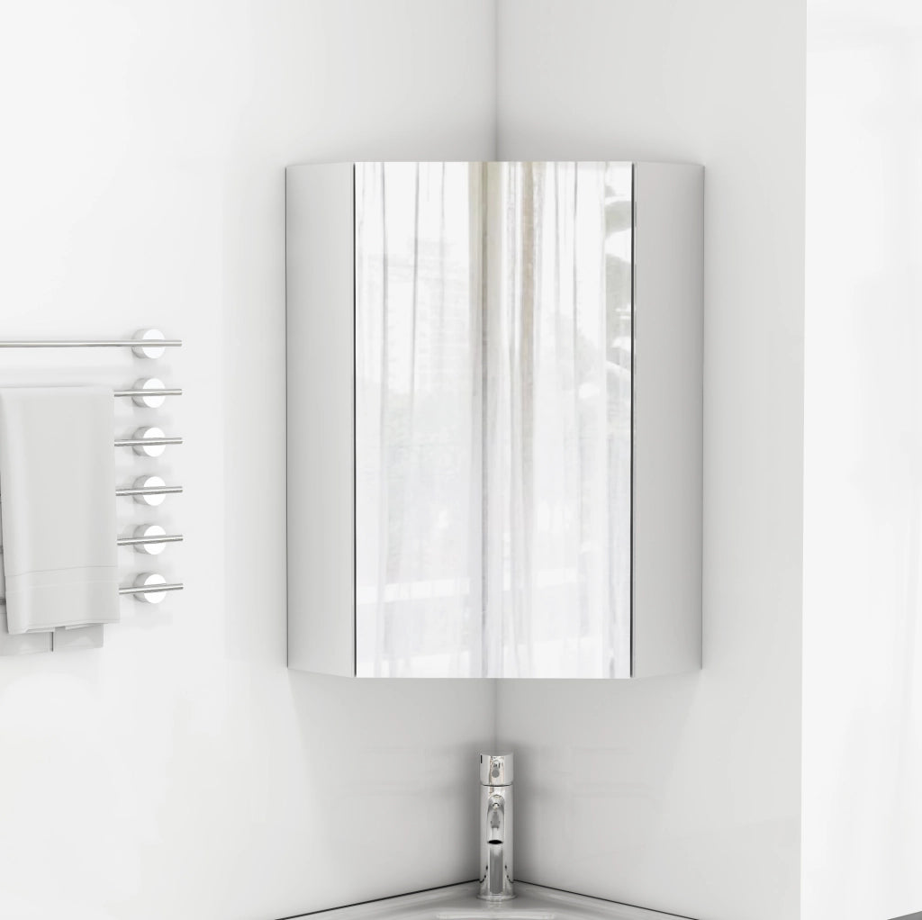 Mobile da bagno angolare da parete con specchi su tre lati, cerniere ammortizzate, ripiani integrati, bianco, pronto al montaggio