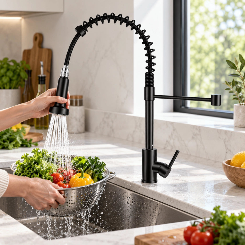 Miscelatore rubinetto cucina nero opaco, molla flessibile, doccetta estraibile 2 modalità getto, rotazione 360°, corpo in ottone, altezza 46 cm