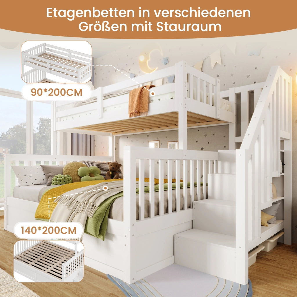 Letto a castello 90 × 200 cm e 140 × 200 cm; 3 posti; contenitore idraulico e scala contenitore; senza materasso