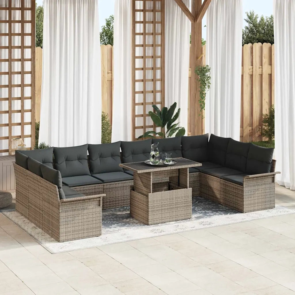 Set Divano da Giardino con cuscino 11 pcs Grigio Poly Rattan