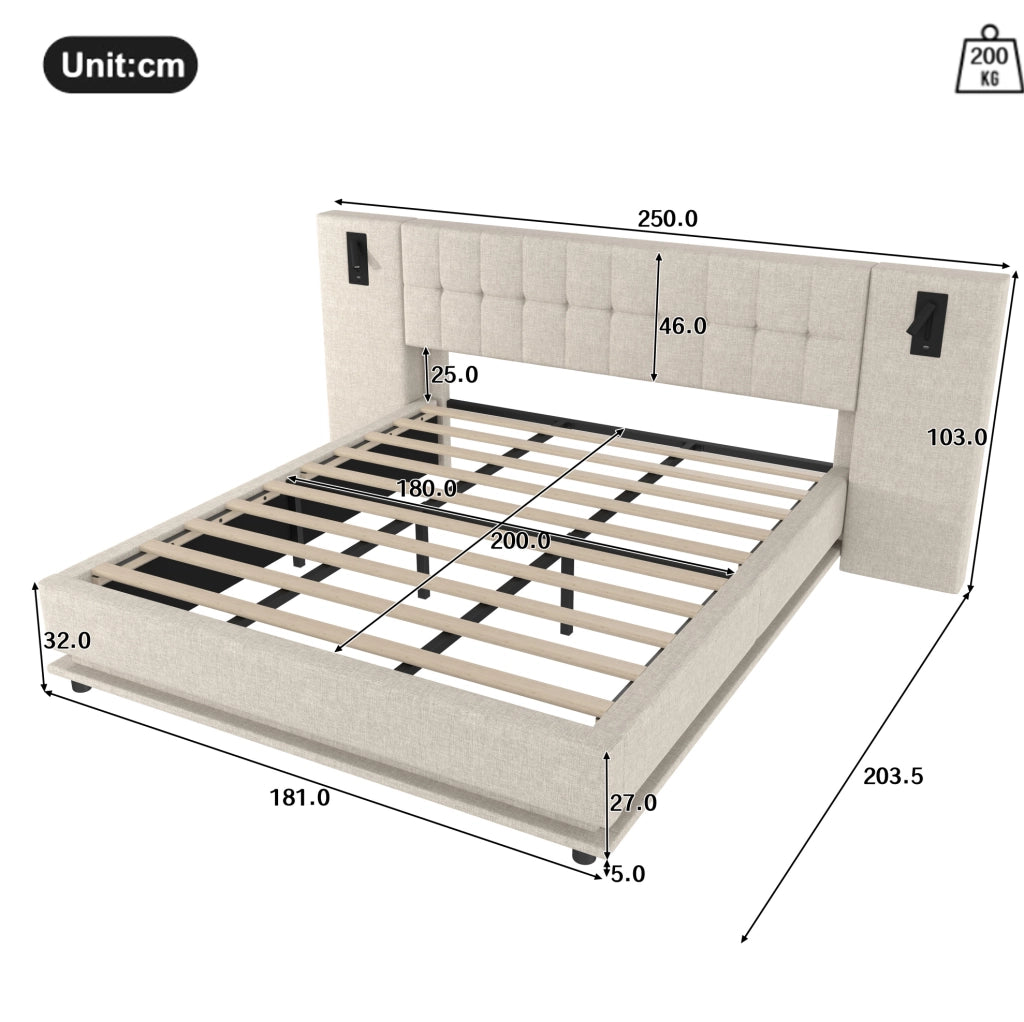 Letto matrimoniale 180x200 cm in lino beige con LED e USB, senza materasso