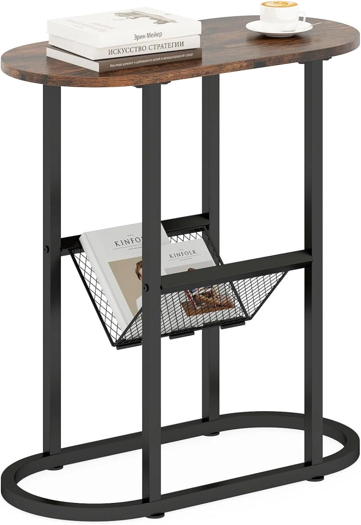 Tavolo da Salotto a 2 Livelli, Tavolino Ovale Stretto con Struttura di Metallo Robusta, Ripiano di Rete Metallica, per Soggiorno e Camera da Letto, 60 x 28,5 x 64 cm (Marrone Rustico + Nero)