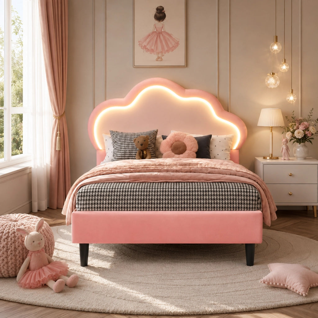 Letto Singolo 90x200 cm per Bambini; Letto Bambina con LED; Struttura Letto Imbottito; senza materasso PU Rosa