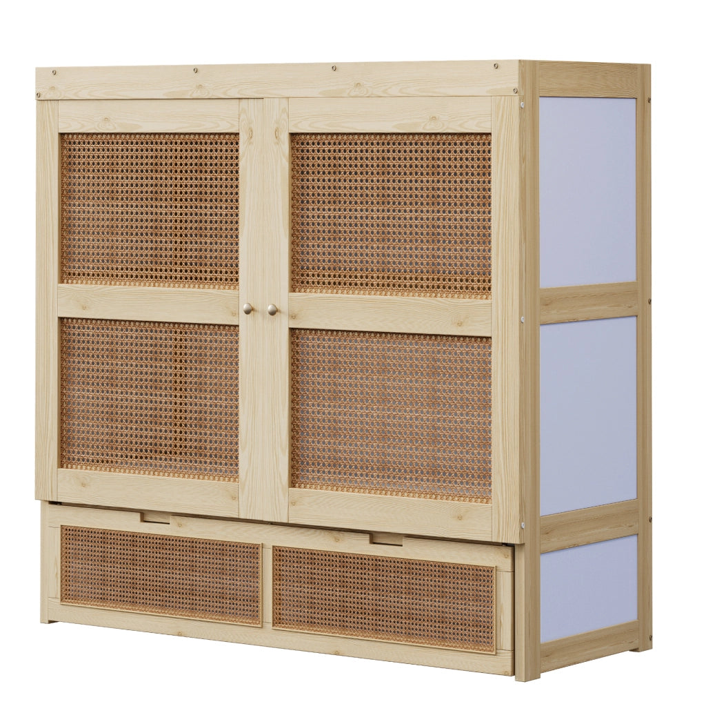 Letto a scomparsa 140x200 cm con rete a doghe, design in rattan e struttura in legno, con cassetti contenitori