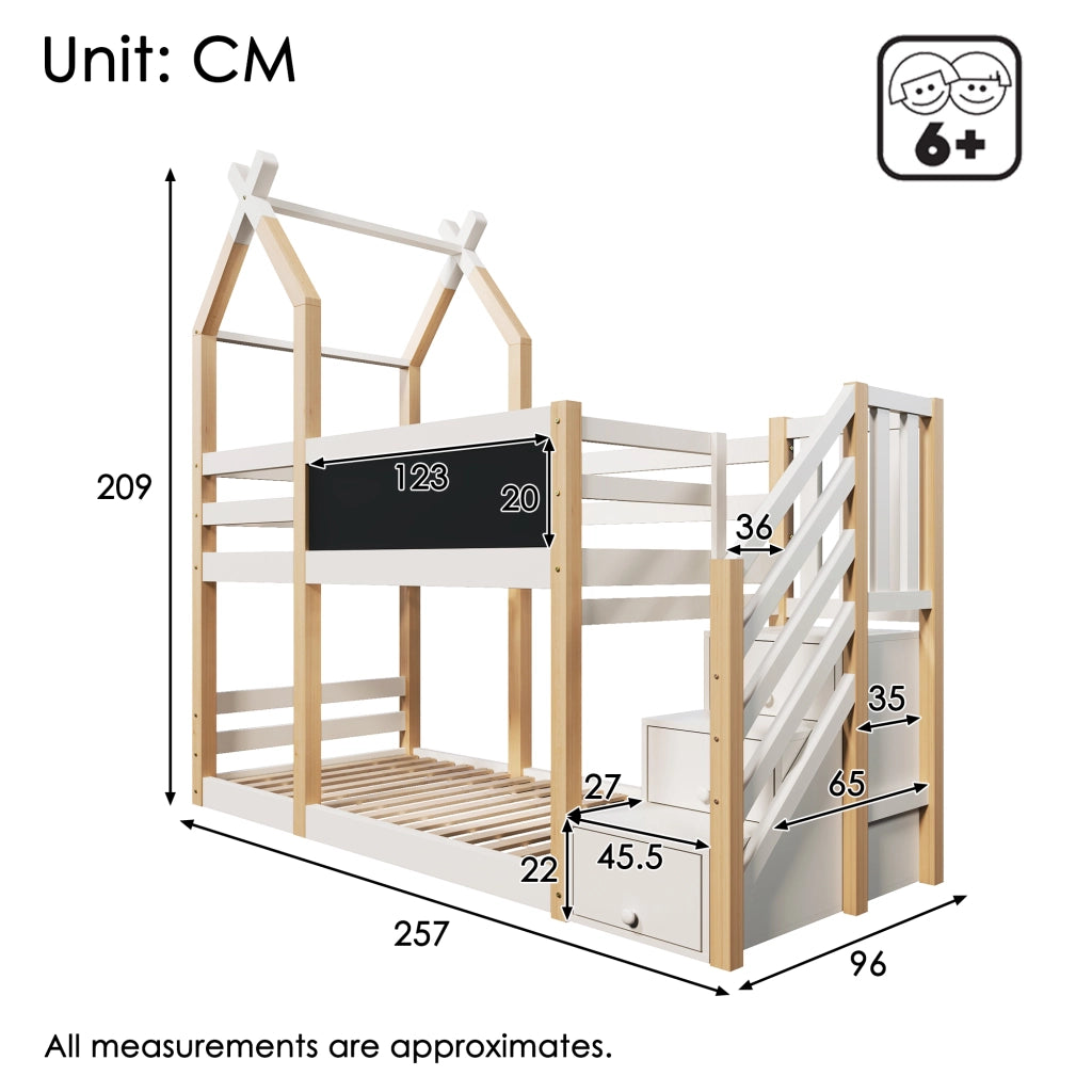 Letto a castello per bambini 90 × 200 cm con scala contenitore e lavagna in legno bianco