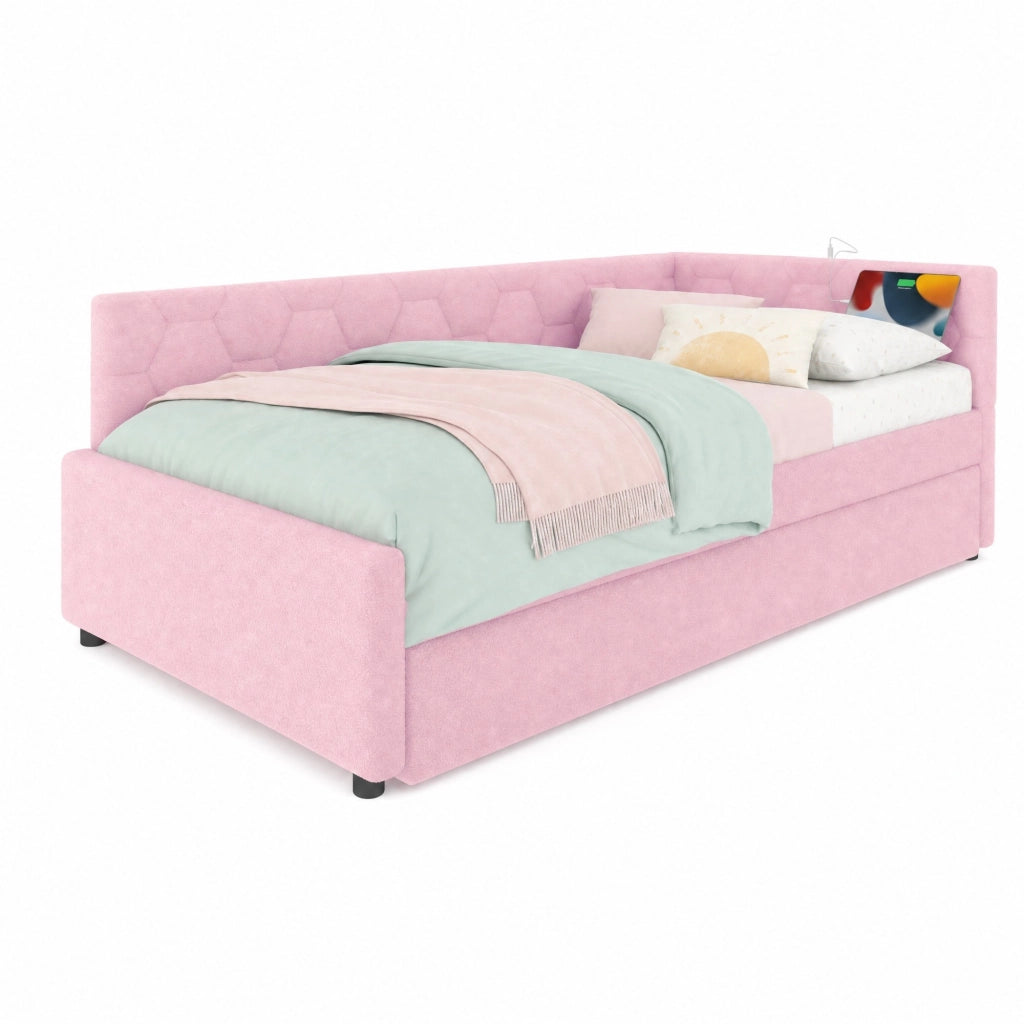 Letto singolo estraibile 90 × 200 cm con rete a doghe in bouclé rosa lampada da comodino usb e tipo c