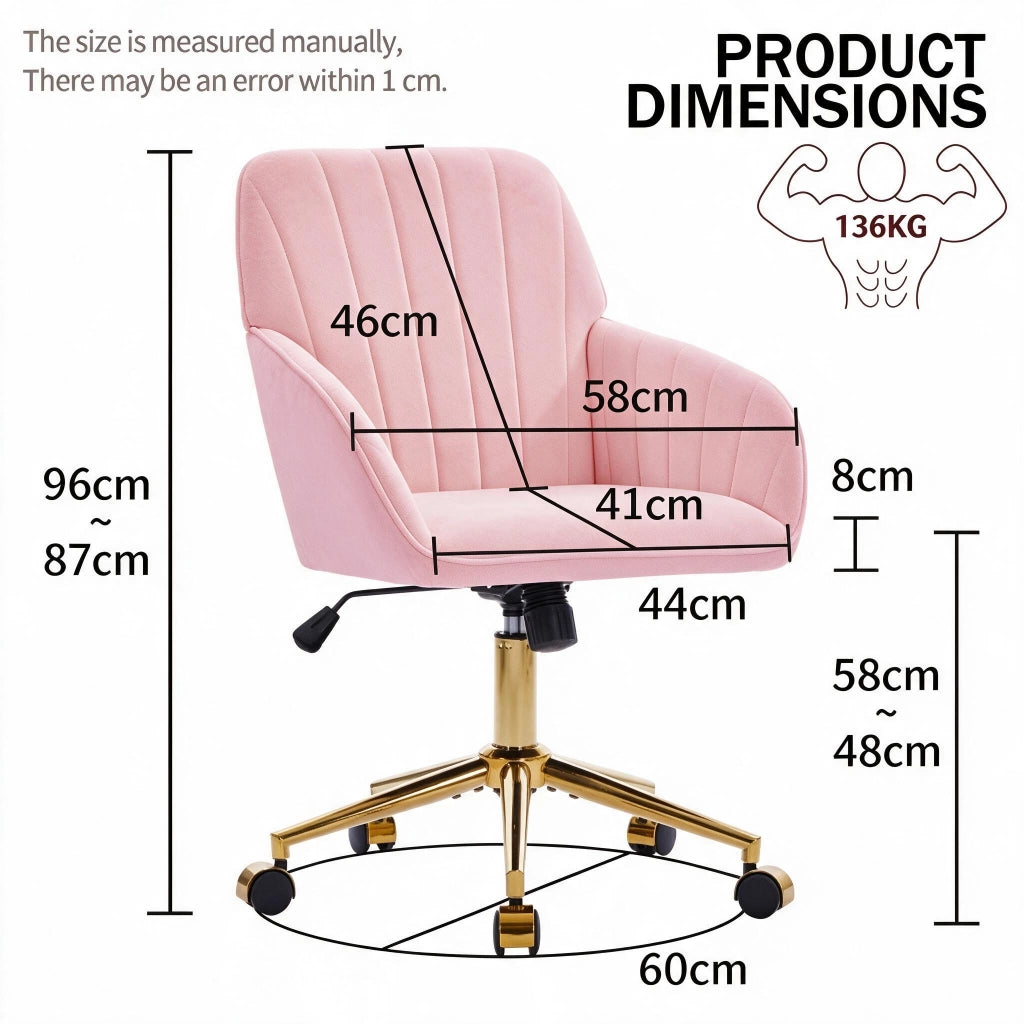 Sedia girevole ergonomica regolabile in altezza, velluto rosa, con schienale e ruote