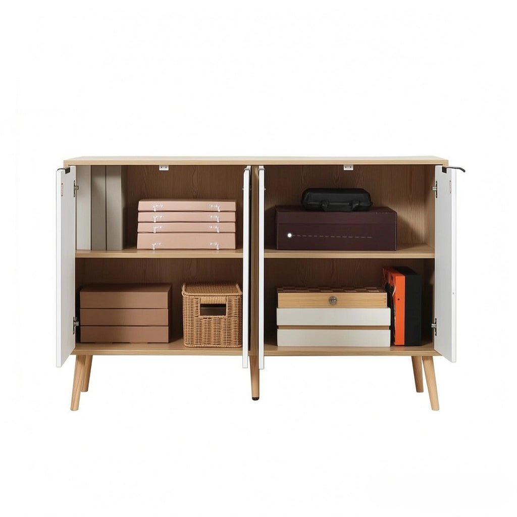 Credenza con quattro ante e ripiano regolabile in truciolato bianco con gambe in pino 120 × 35 × 77.4 cm