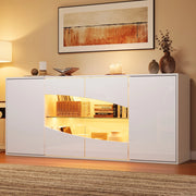 Credenza bianca lucida con illuminazione LED; 160 x 35 x 70 cm; quattro ante; MDF e vetro di sicurezza