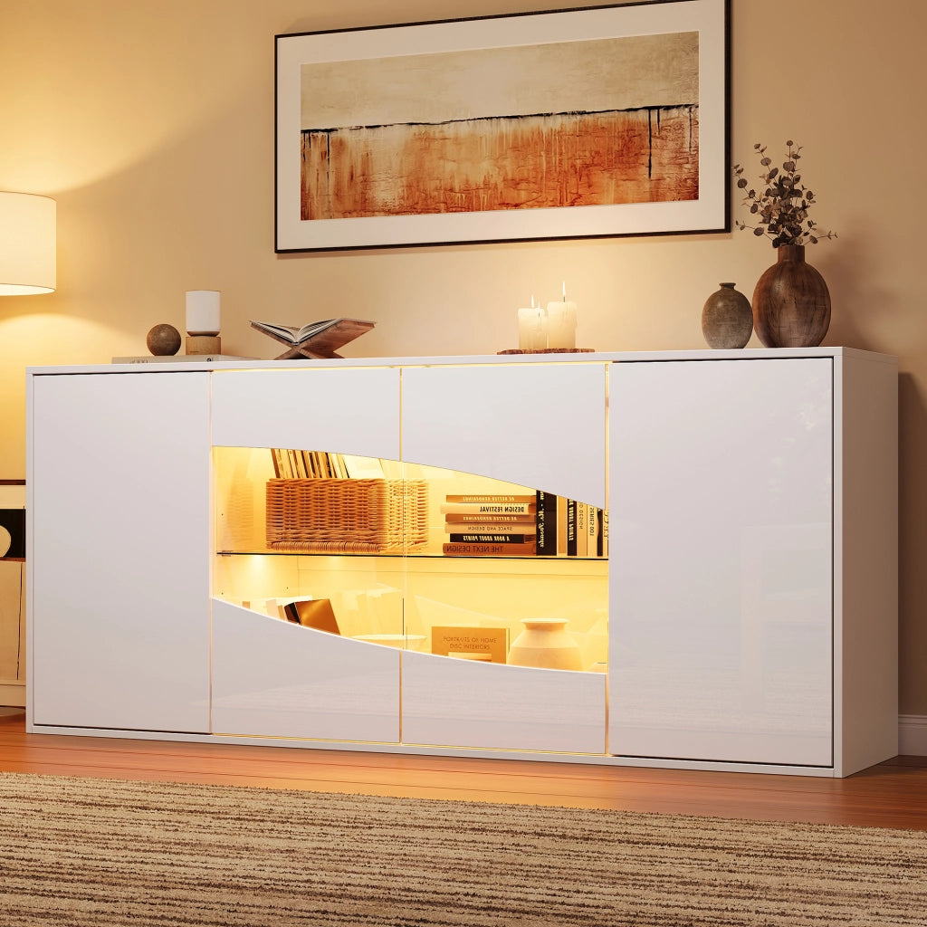 Credenza bianca lucida con illuminazione LED; 160 x 35 x 70 cm; quattro ante; MDF e vetro di sicurezza