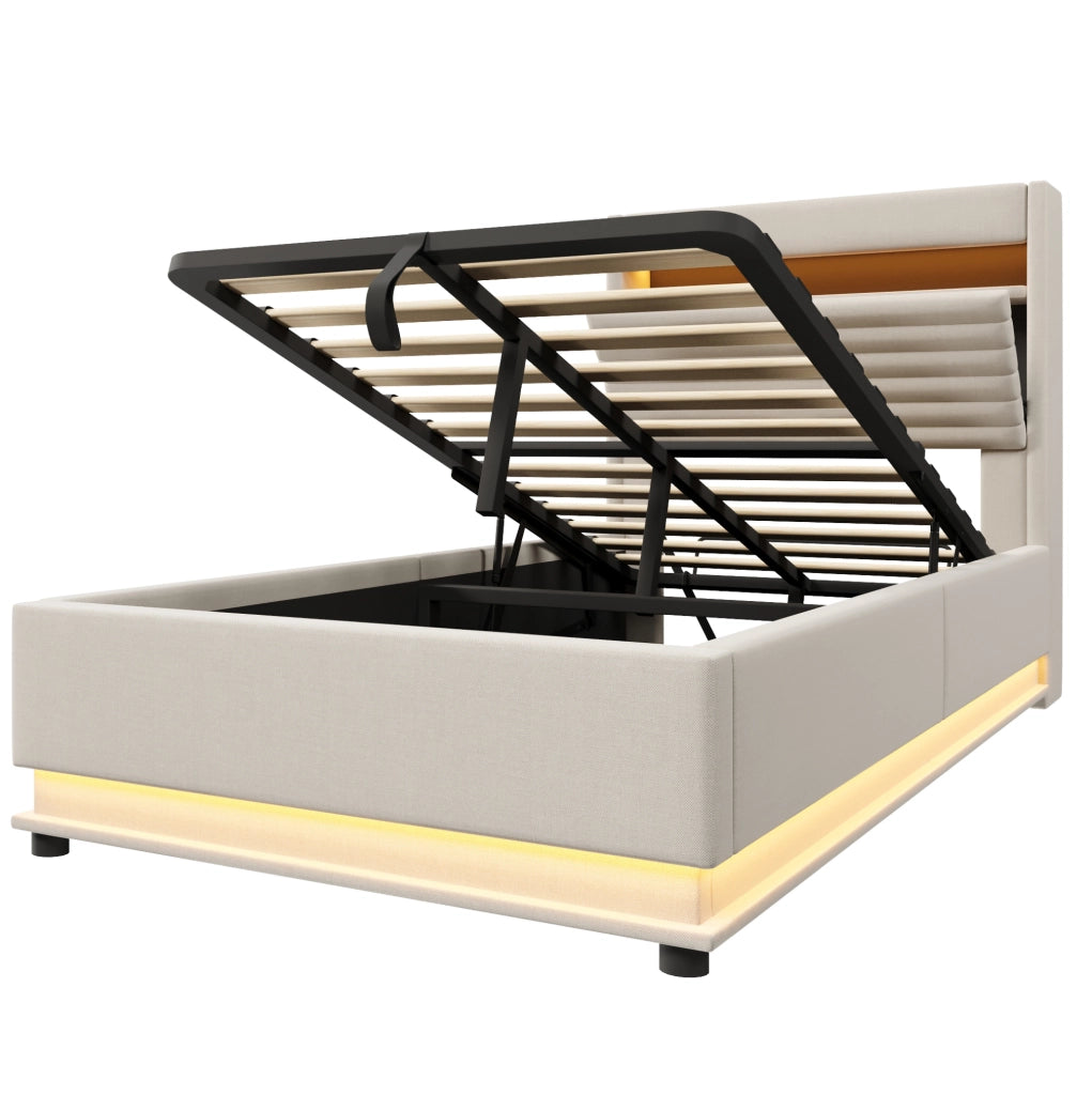 Letto imbottito 90x200 cm con vano contenitore idraulico, LED, USB e USB-C in lino beige