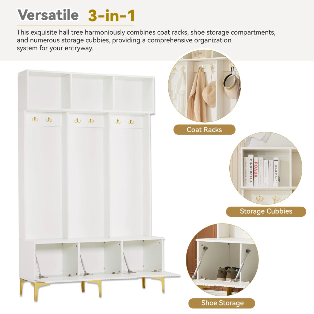 Mobile da ingresso con panca contenitore, ripiani aperti e 6 ganci dorati, bianco, per corridoio, 120 × 23,5 × 191,5 cm