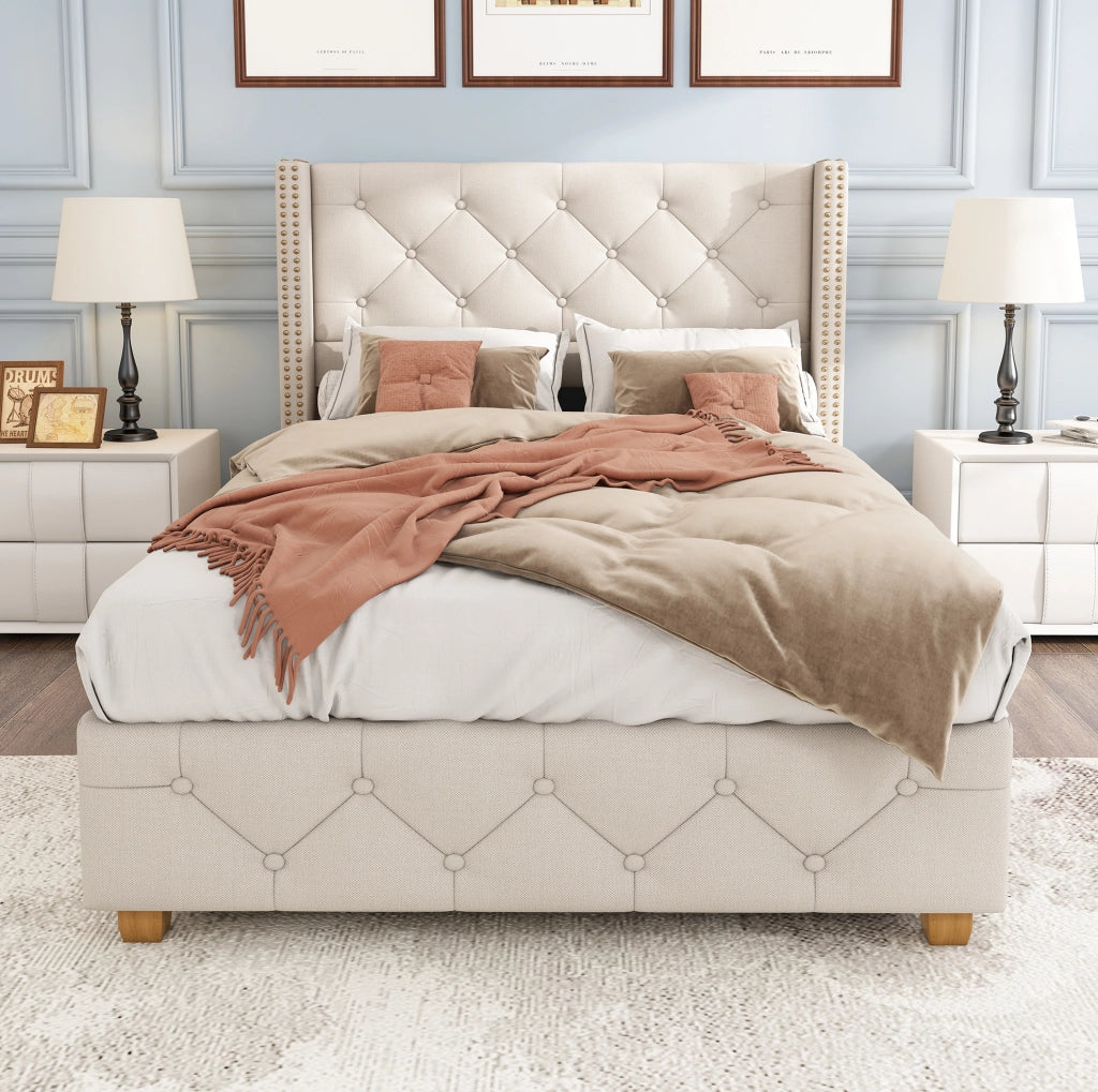 LETTO imbottito 90x200 cm in lino beige con rete a doghe