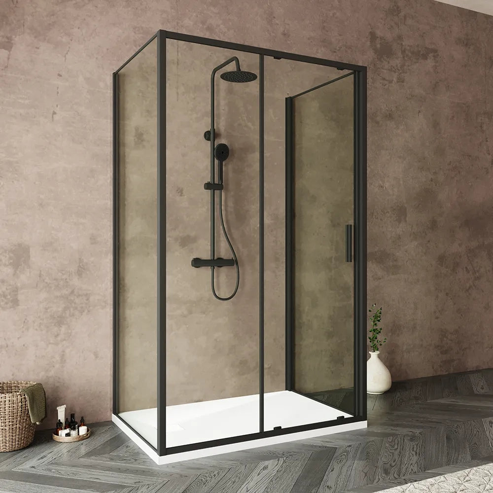 Box doccia tre lati 70x100x70cm con porta scorrevole profili nero opaco e vetro 6mm trasparente h190 | Portofino