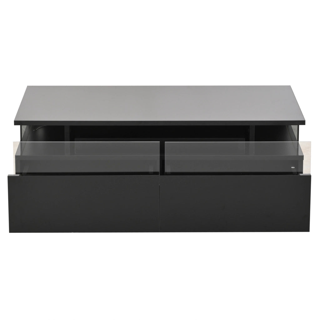 Tavolino da salotto moderno 90 x 45 x 35;5 cm nero lucido con LED; 2 cassetti e vassoio