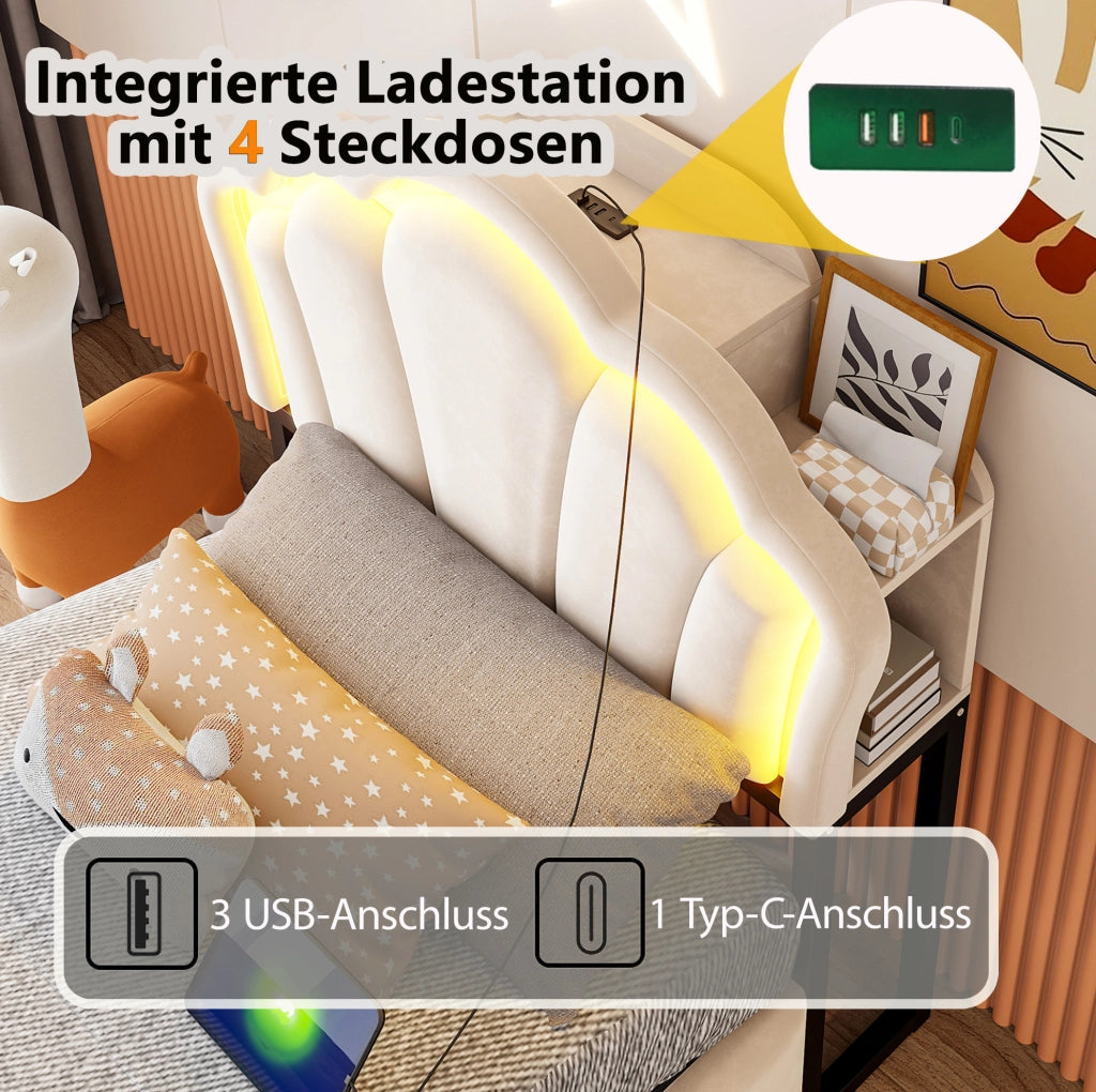 Letto singolo imbottito ULEVR 90x200 cm con contenitore idraulico, LED, prese integrate e rivestimento in velluto beige