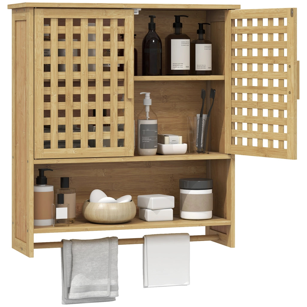 Armoire murale de salle de bain en bambou avec 2 portes ajourées, compartiment ouvert et étagère réglable, bois naturel
