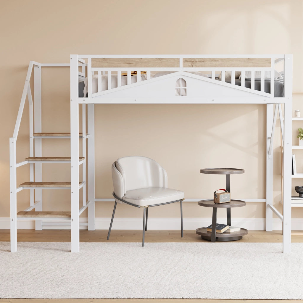 Letto a soppalco 140 × 200 cm con scala laterale e spazio sottostante in metallo bianco con protezioni