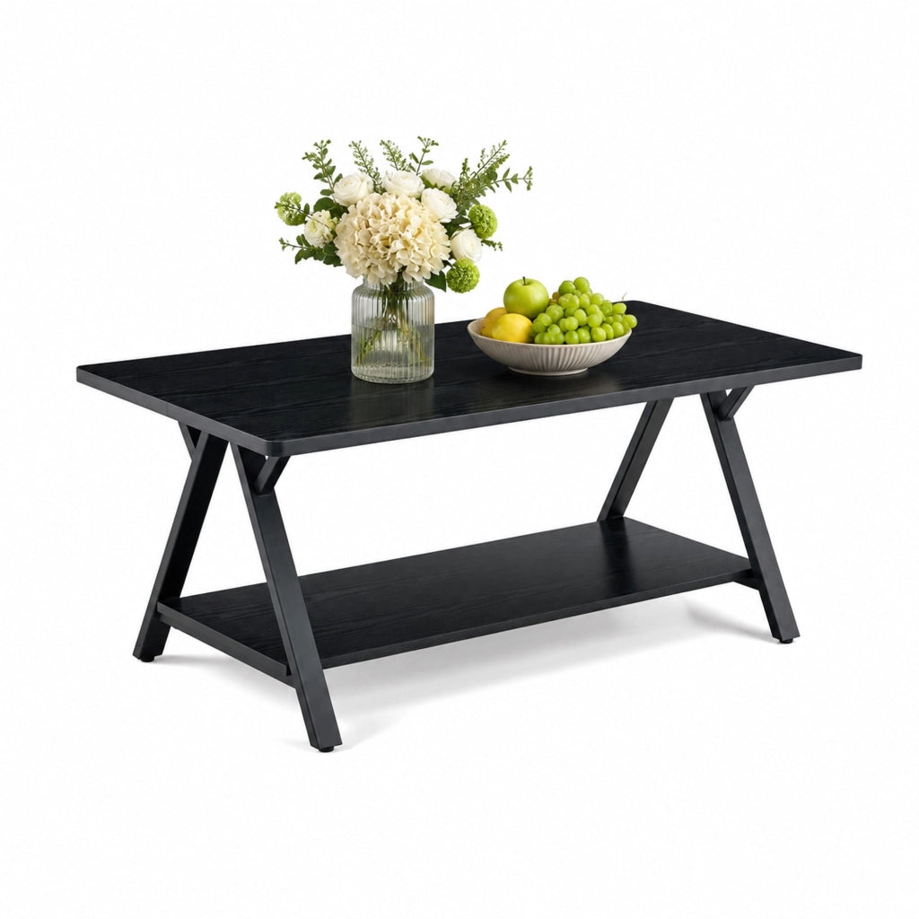 Tavolino da caffè industriale nero con ripiano, 110 x 57 x 44,5 cm
