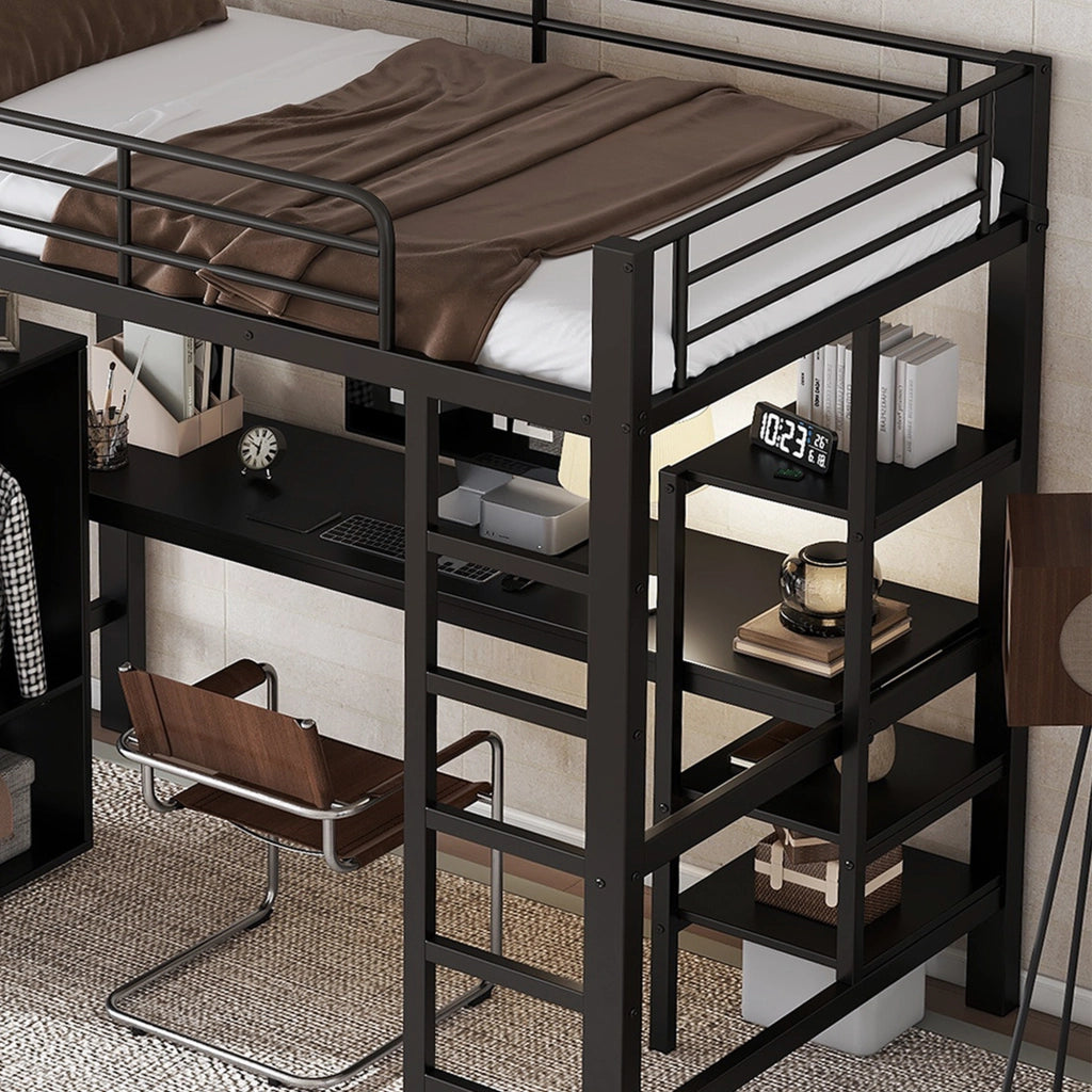 Letto a soppalco 90 × 200 cm con scrivania; armadio; libreria; scala a 5 gradini in metallo nero