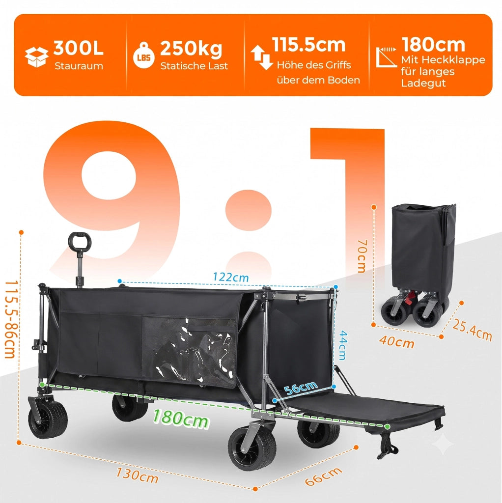 Carrello pieghevole da traino 180 cm in acciaio; nero e grigio