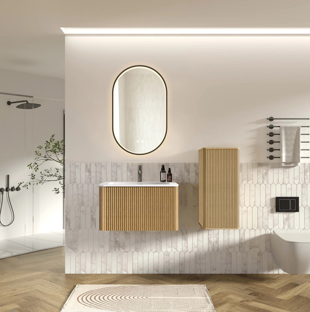 Set mobili bagno rovere con lavabo in pietra artificiale; specchio LED antiappannamento