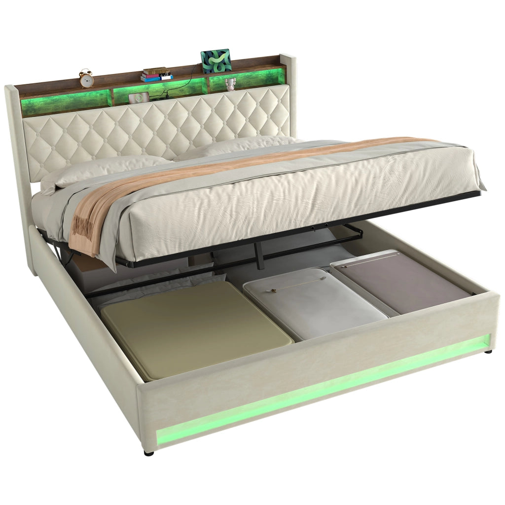 Letto imbottito beige 180x200 cm in velluto con schiuma elastica e struttura ergonomica