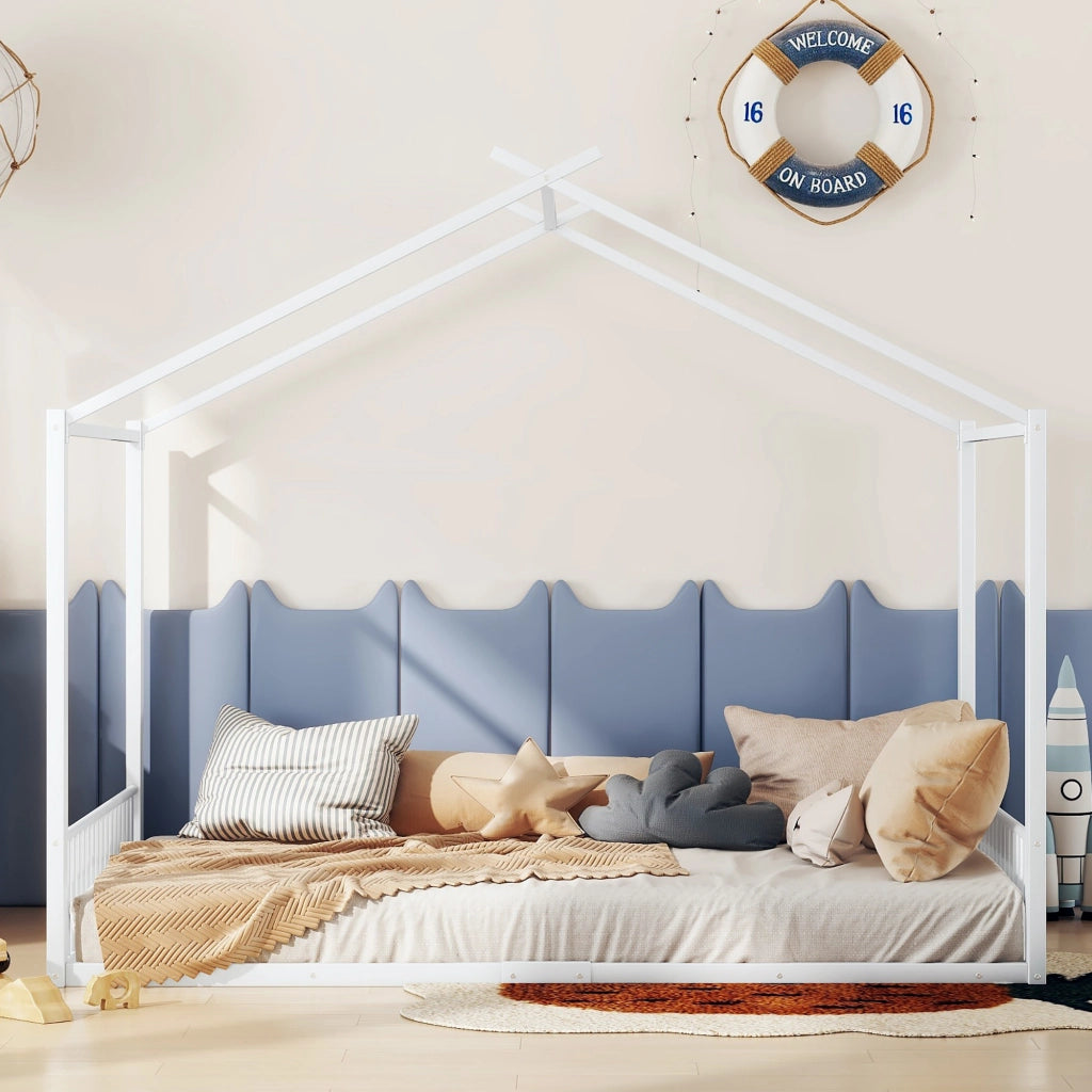 Letto per bambini 140×200 cm 2 posti con struttura a casetta resistente; senza materasso; in metallo; bianco