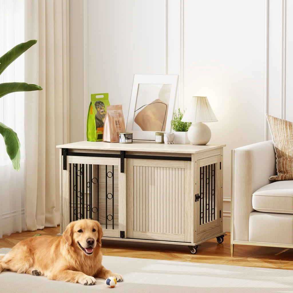 Gabbia per cani da interno in legno e acciaio con ruote e porta scorrevole, mobile cuccia spazioso e robusto per casa, 100 x 56 x 65 cm