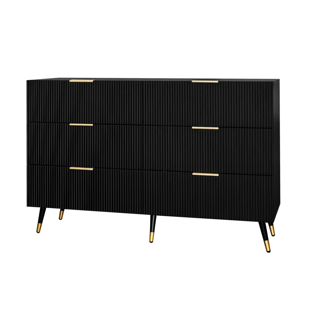 Credenza ULEVR 120x40x77 cm con 6 cassetti, gambe e maniglie dorate, finitura nera, per soggiorno