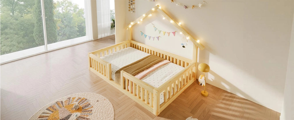 Letto Casetta per Bambini 90x200 cm con Sponde di Sicurezza; LED; Naturale