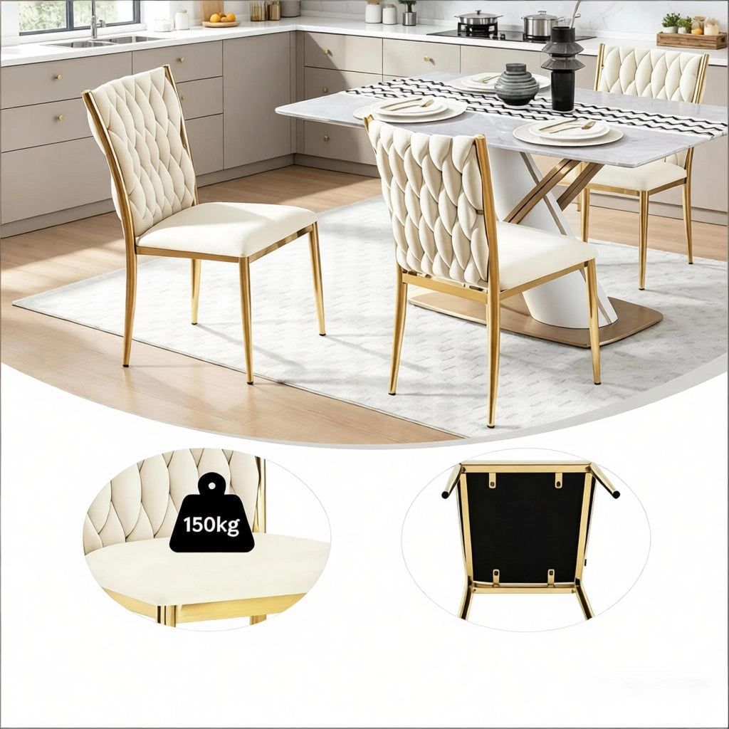 Sedia da Pranzo con Schienale Alto Ergonomico e Piedini Regolabili in Velluto Metallo Bianco Crema Oro