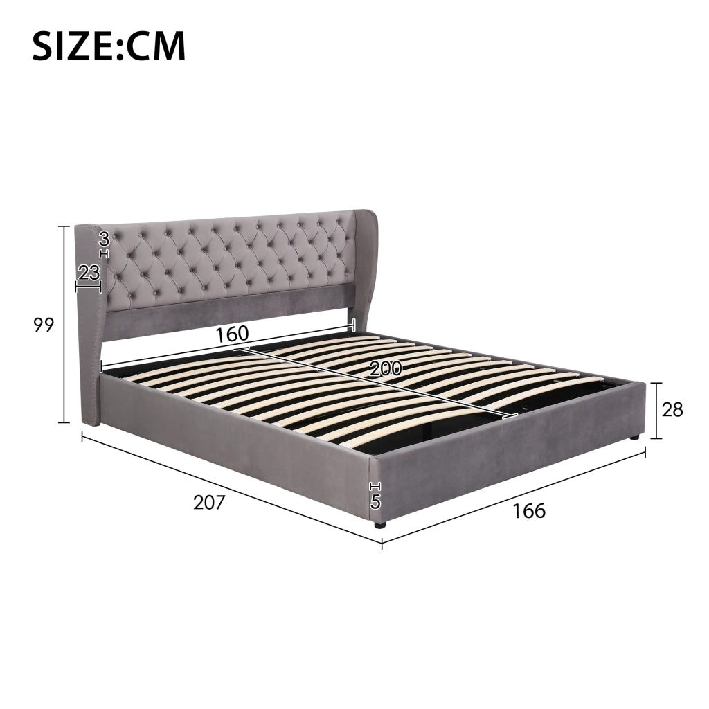 Letto imbottito matrimoniale a orecchio 160x200 cm in velluto con bottoni, sollevamento idraulico, rete a doghe e contenitore - Grigio