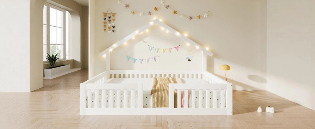 Letto casa in legno bianco 140x200 cm con protezione anticaduta e luci LED