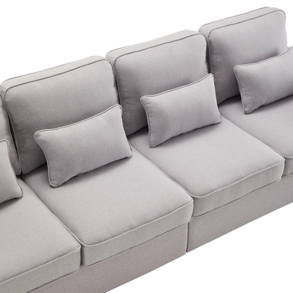 Divano quattro posti 264 cm con cuscini e tasche; effetto lino grigio