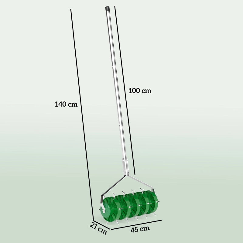 Arieggiatore manuale per prato con rullo a punte 45x21x140 cm in acciaio; verde