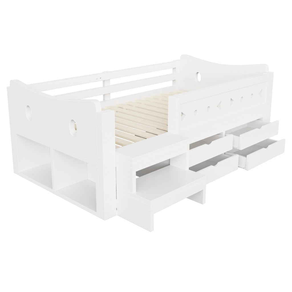 Letto con cassetti 90 × 200 cm con gradini laterali; barriere di protezione; LED; USB e porta Type-C in legno bianco