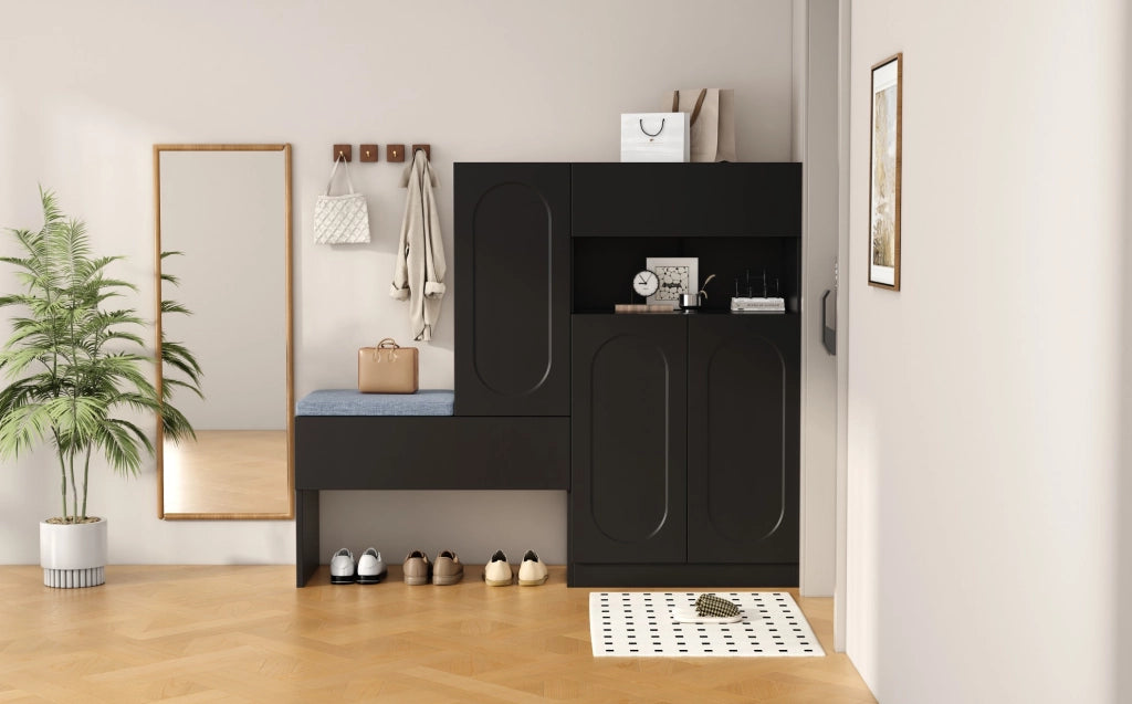 Scarpiera 2-in-1 con seduta imbottita, ante curve soft-close, ripiani regolabili, nero, 130×35×110 cm