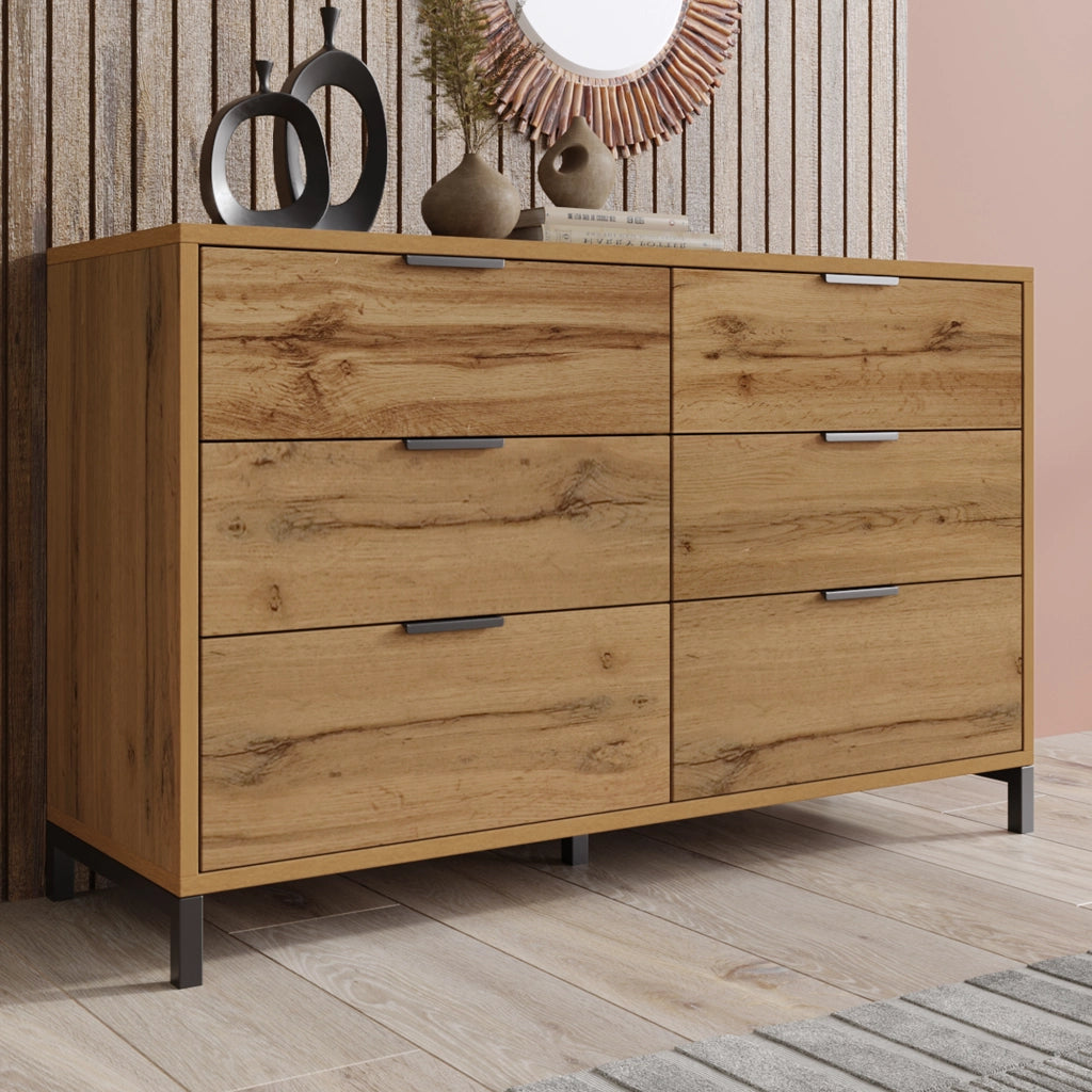 CASSETTIERA con 6 cassetti 120x40x76 cm Effetto rovere scuro e metallo