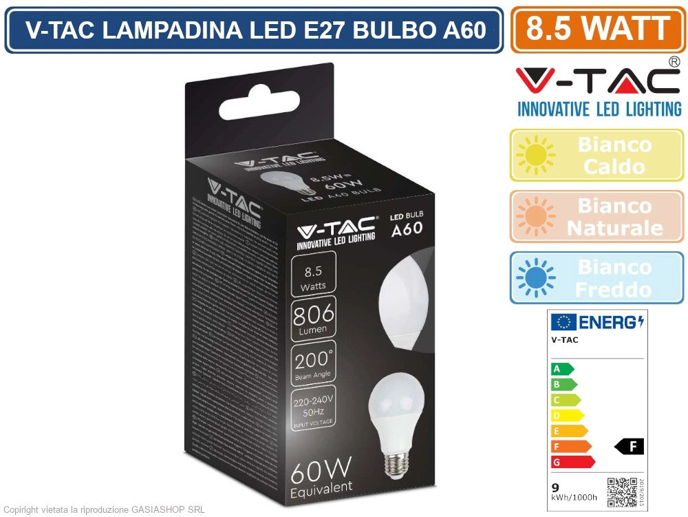 V-TAC VT-2099 LAMPADINA LED E27 8.5W BULB A60 806 LUMEN - Colore Luce:Bianco Naturale