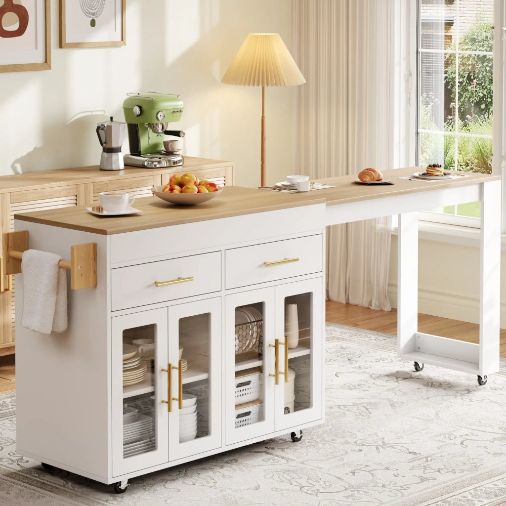 Isola Cucina con Ruote, Tavolo Bar Estensibile, Mobile con Ante in Vetro, Cassetti e Ripiano, Bianco, 132,5-217 x 50 x 93 cm