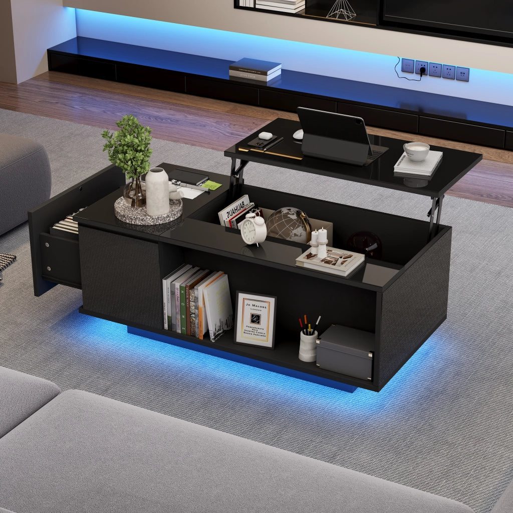 Tavolino da Salotto Reclinabile Idraulico con 1 Cassetto; Vano Nascosto e LED Bluetooth; Lucido; in Pannelli di Truciolare; 100×50×40 cm; Nero