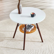 Tavolo da pranzo rotondo ULEVR ?80 cm con cestino sospeso, piano MDF bianco e gambe in legno massello noce