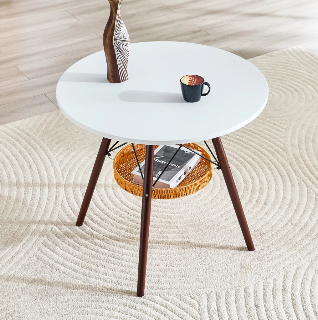 Tavolo da pranzo rotondo ULEVR ?80 cm con cestino sospeso, piano MDF bianco e gambe in legno massello noce