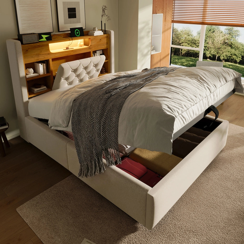 Letto imbottito beige 90 x 200 cm con contenitore idraulico