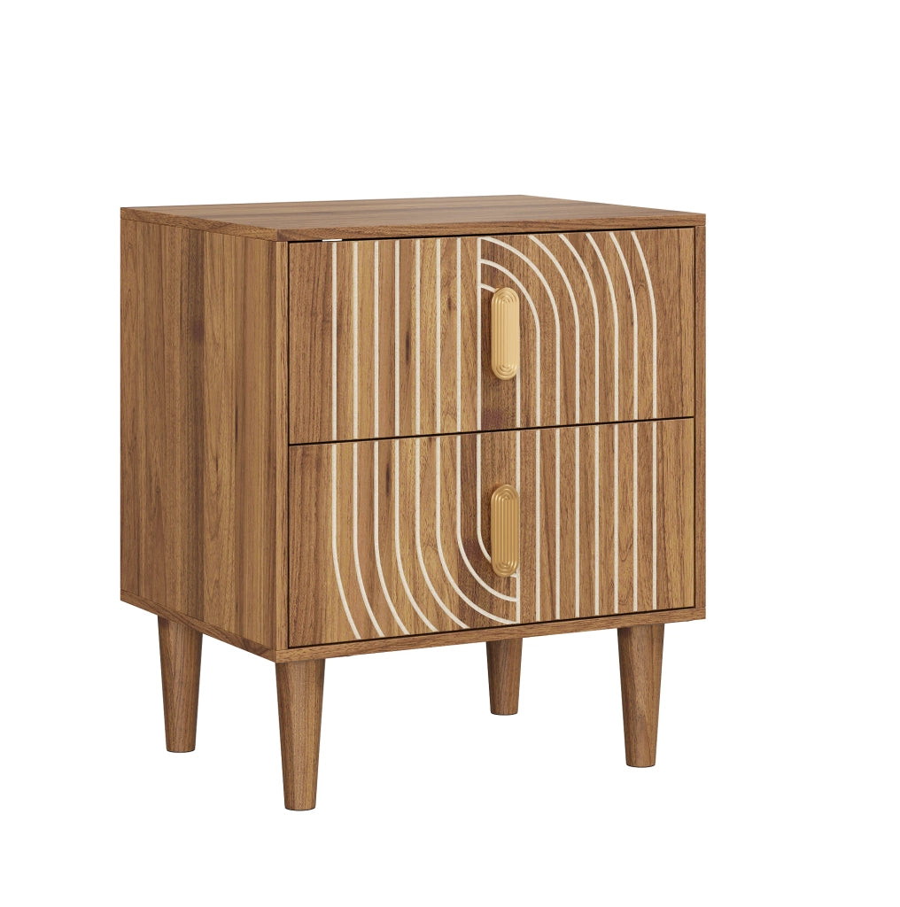 Comodino ULEVR in MDF marrone noce con 2 cassetti, inserti geometrici e gambe in legno