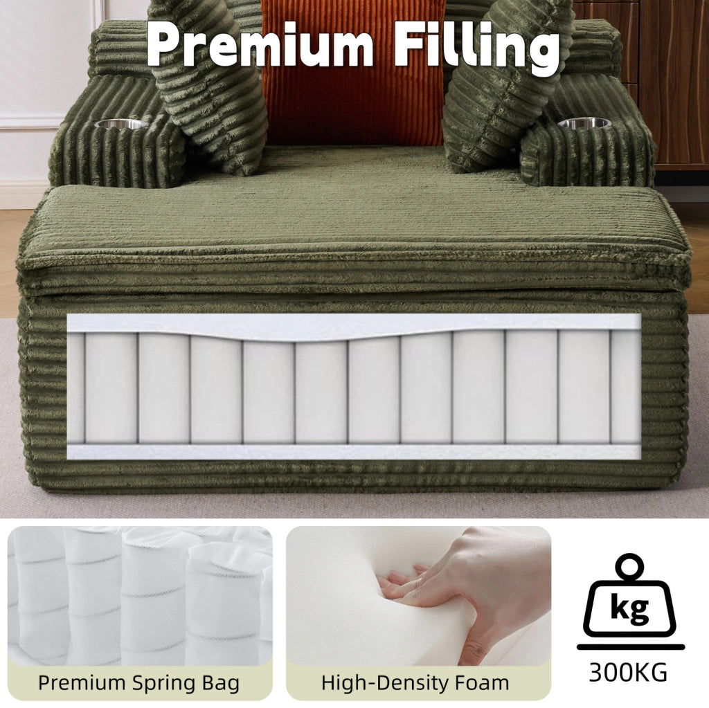 Divano da pavimento ULEVR con chaise longue, 3 cuscini, portabicchieri e cuscino coperta 2 in 1, velluto a coste verde