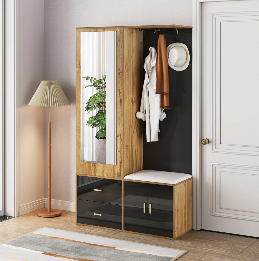 Guardaroba da ingresso nero e legno con specchio e scarpiera